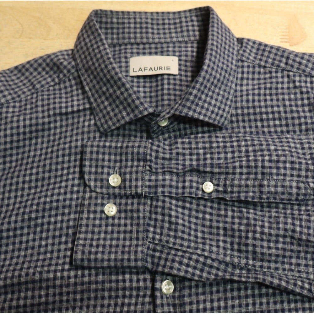 Lafaurie Mens Shirt Button Front Long Sleeve Blue Check Size L Cotton Ronnie - Picture 6 of 6